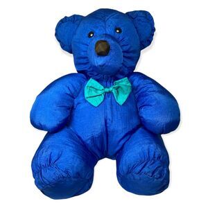 Summit Collection Blue Teddy Bear 10" Nylon Stuffed Animal Teal Bow VTG 1993
